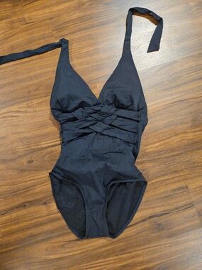 Spanx Criss-Cross Front Halter Tie One Piece Shaping Swimsuit Black Size 10